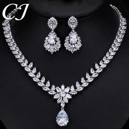 CANDICE Hand-Inlay Sparkling AAA+ CZ Stone Luxury Wedding Bridal Jewelry Set Classic Platinum Plated Water Drop Pendant Necklace Earrings for Women Party