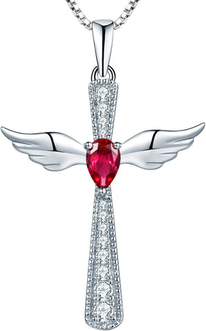 Cross Necklace 925 Sterling Silver Angel Wings Pendant Teardrop Birthstone Criss Jewelry for Women