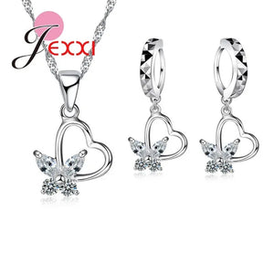 925 Sterling Silver Jewelry Set CZ Diamond Love Heart With Pretty Butterfly Pendant Necklace & Earring Wedding Party Decoration