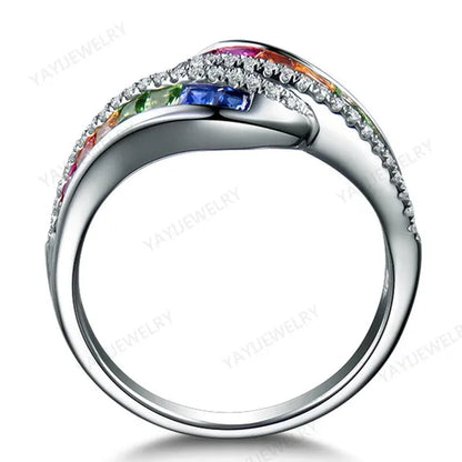 Princess  silver cut Ruby Emerald & Sapphire & Topaz & Ruby Multicolor Natural Gemstone Engagement Bride Ring Jewelry