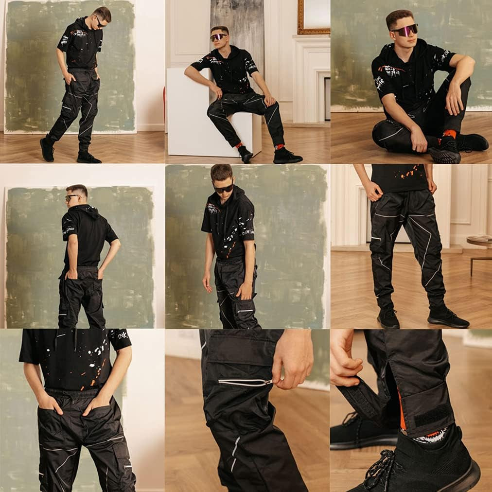 Mens Cargo Pants Hip Hop Techwear Harem Pant Jogger Sweatpants with Pockets Jogging Punk Black XL