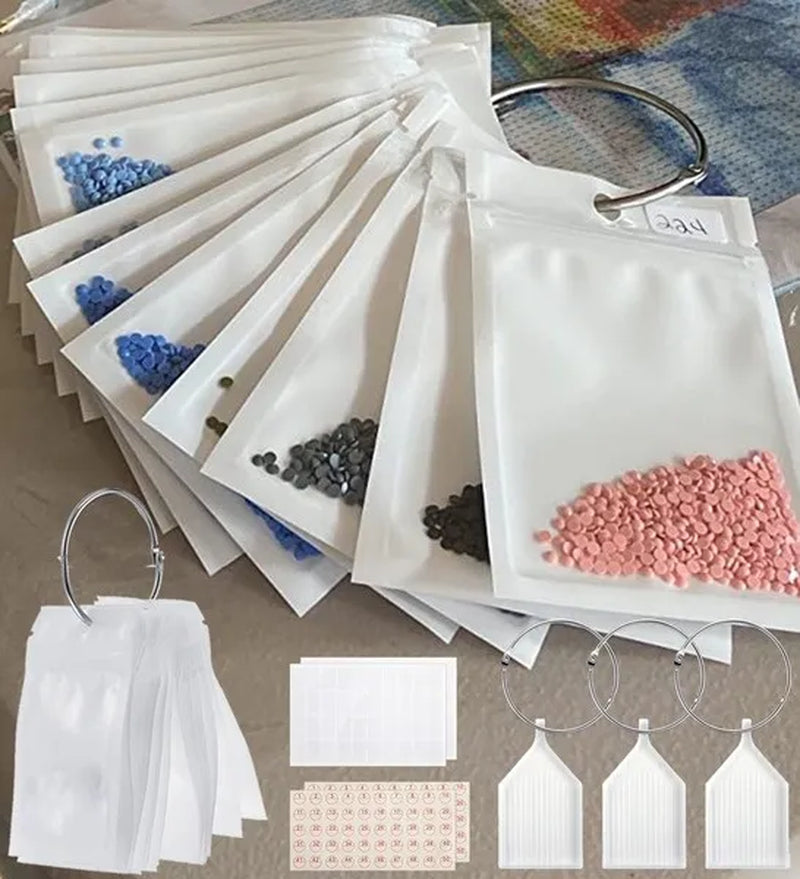 50 PCS Diamond Painting Storage Containers Self-Seal Bags with Loose Leaf Binder Rings Diamond Tray Number Sticker Lable Sheets