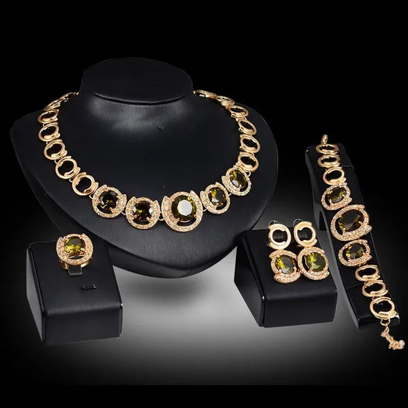 Hot Sale 18K Gold Plated Crystal Ruby Emerald Zircon Chunky Necklace Jewelry Set