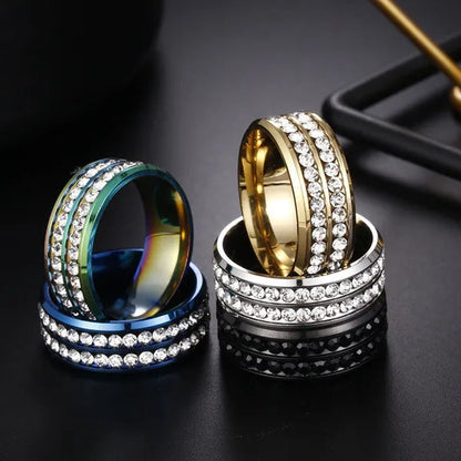 Fashion Exquisite Women Men 8mm Stainless Steel Unique Double Row Crystal Diamond Ring Wedding Band Jewelry Gifts(Size 5-13)