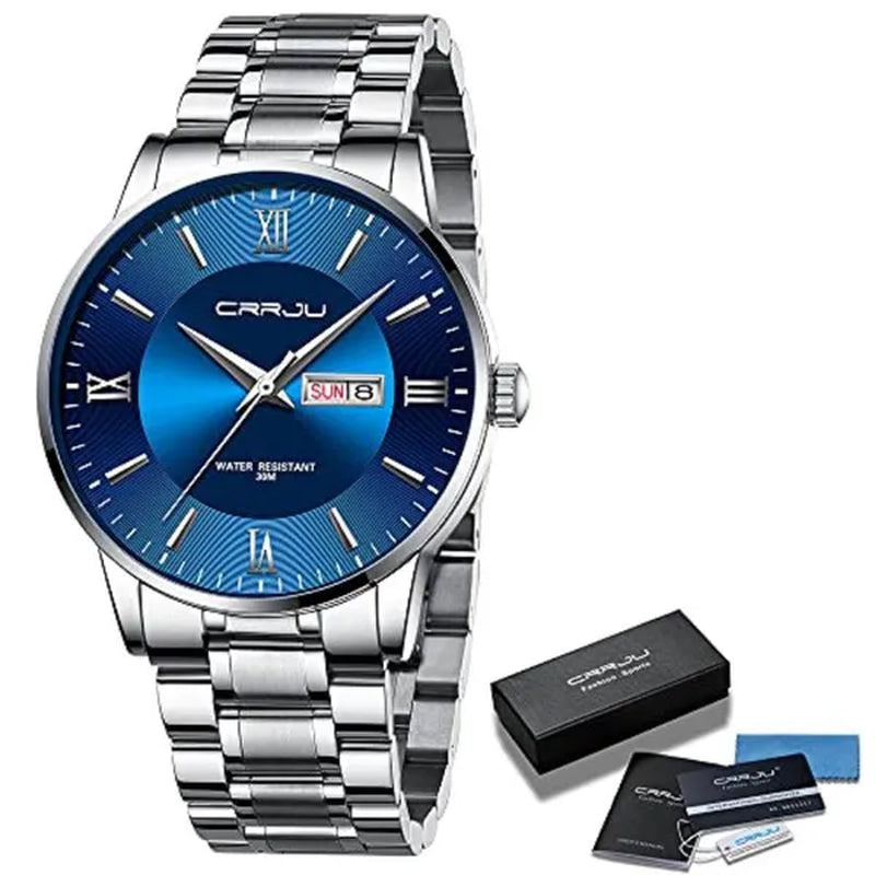 CRRJU Men's Minimalist Leisure Luxury Automatic Dating Watch Fashion Business Japanese Movement Quartz Waterproof Watch Men's Silver Stainless Steel Watch Band