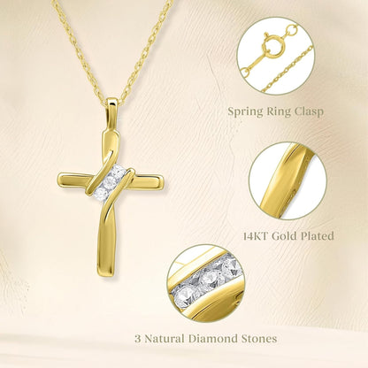 Small 14KT Yellow Gold Plated & Sterling Silver Natural Round-Cut Diamond Accent 3 Stone Cross Pendant with an 18 Inch Chain