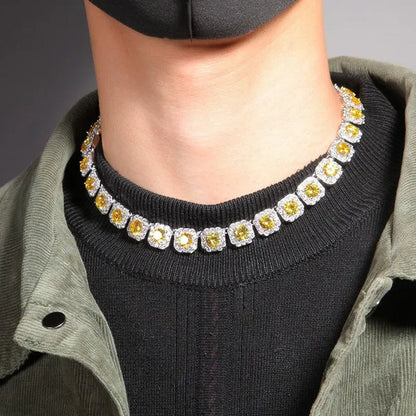 Hip-Hop Copper Inlaid Zircon Crystal Sugar Necklace Hipster Personality Pink Yellow Diamond Necklace for Men and Women with the Same Paragraph