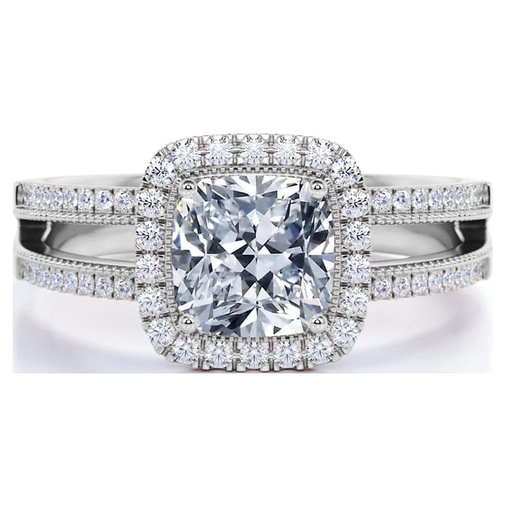 .63 Ct Cushion Cut Real Diamond - Vintage Style - Engagement Ring - Split Shank - Halo Ring - 10K White Gold