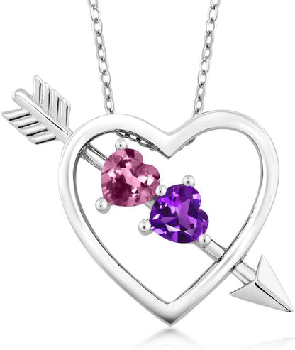 0.84 Ct Pink Tourmaline Purple Amethyst 925 Sterling Silver Heart and Arrow Pendant
