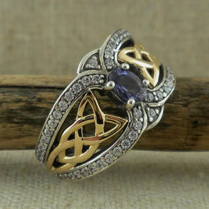 Vintage Women'S Fashion Two Tone Silver & Gold Red Ruby & Blue Sapphire Celtic Ring Anniversary Gift Engagement Bridal Wedding Jewelry Rings Size 5-10