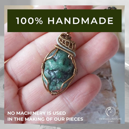 Emerald Wire Wrapped Pendant, Copper Crystal Necklace, with 24 Inch Antique Bronze Chain, May Birthstone Jewelry, Handmade in North America