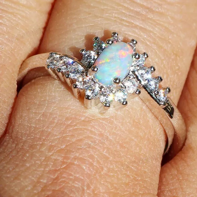 Exquisite Women's  Silver Ring Oval Cut Fire Opal Diamond Jewelry Birthday Proposal Gift Bridal Engagement Party Band Rings Size 5-12