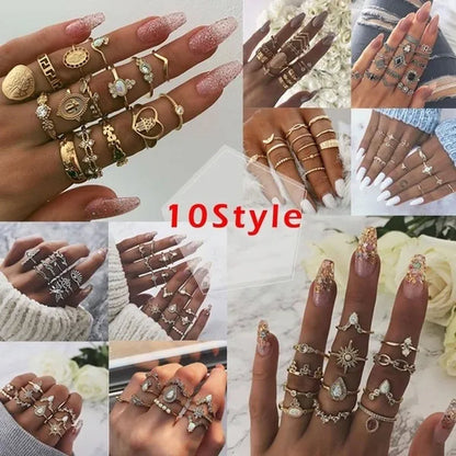 10Style Retro Beauty Avatar Coin Cross Ring Set Pattern Love Fatima Palm Ring Set for Women