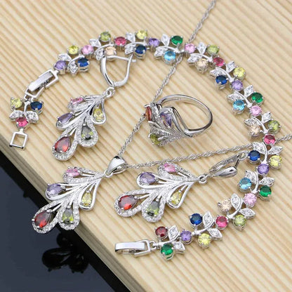 925 Silver Bridal Jewelry Sets Multicolor Topaz Charm for Women Party Plant Design Ring Bracelet Set