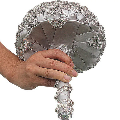 18CM Luxurious Shiny Full Diamonds Brooch Bouquet Silver Rhinestone Bridal Bouquet Ribbon Satin Rose Wedding Bride Holding Flowers