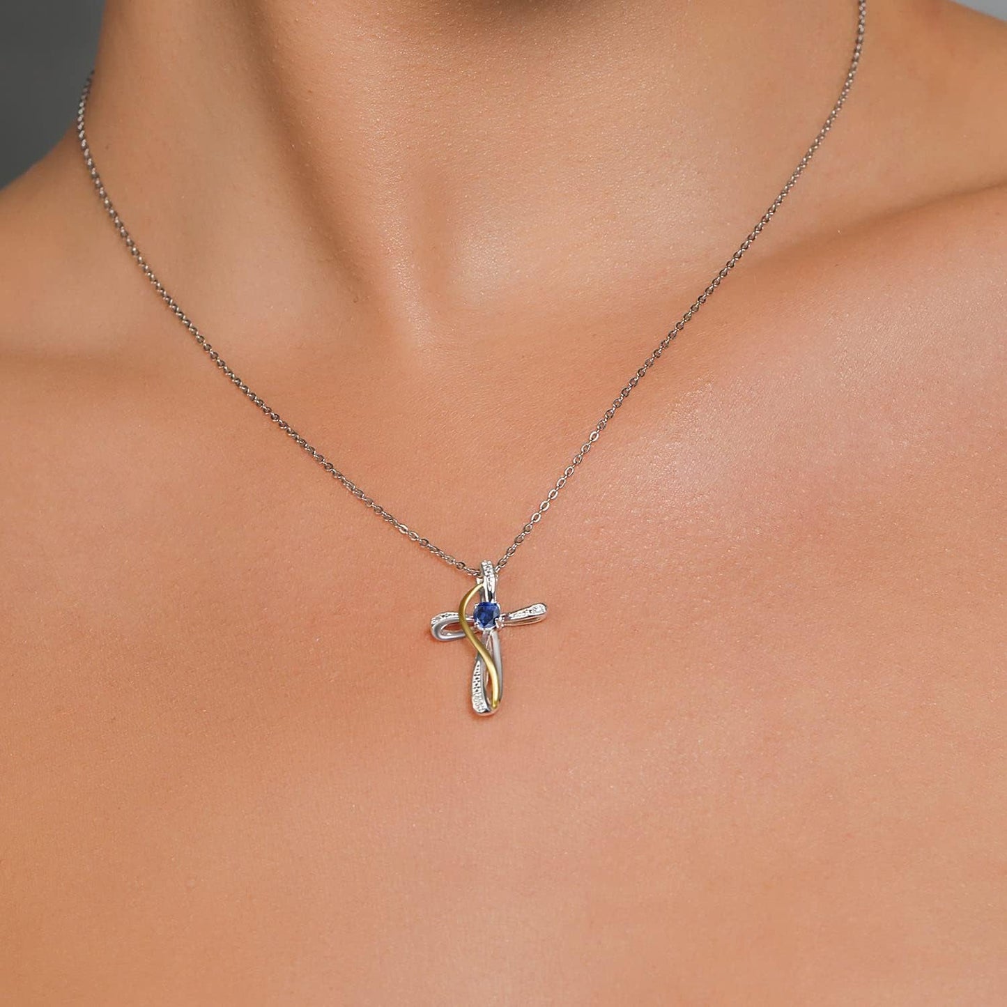 Infinity Cross Necklace for Women | 925 Sterling Silver and 10K Yellow Gold | Gemstone Birthstone and White Lab Grown Diamond Cross Faith Pendant Necklace | with 18 Inch Chain