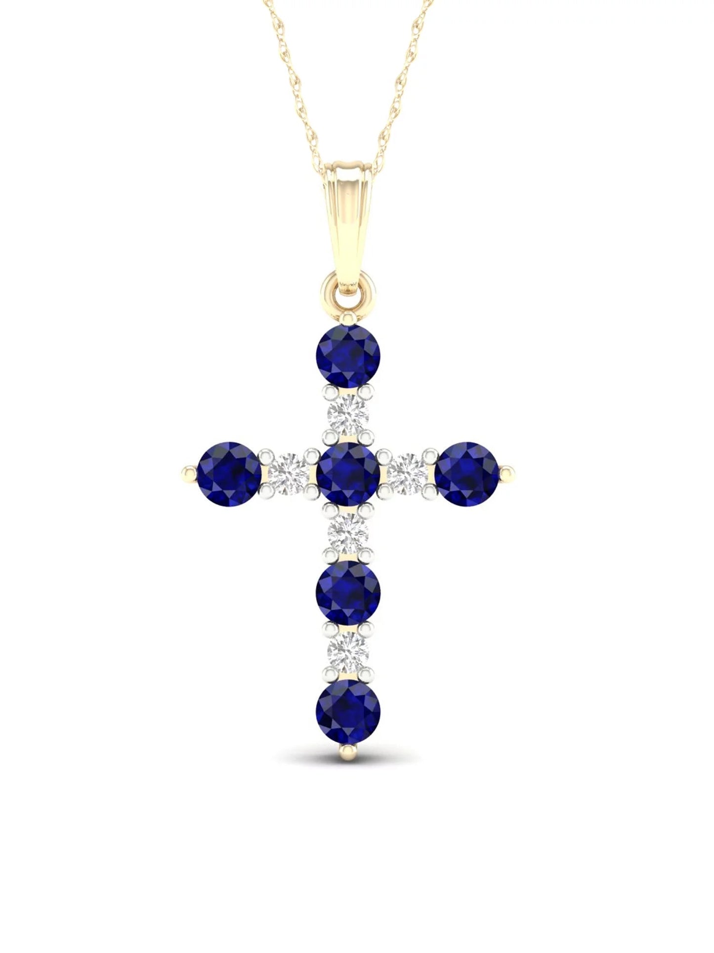 Gemstone 10K Yellow Gold round Blue Sapphire 1/10 CT TW Diamond Cross Necklace