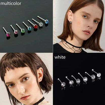 New Fashion Stainless Steel CZ Crystal Straight Shape Diamond Rhinestone Nose Ring Body Piercing Stud Jewelry Bone 20 Gauge for Women Girls 2 Types