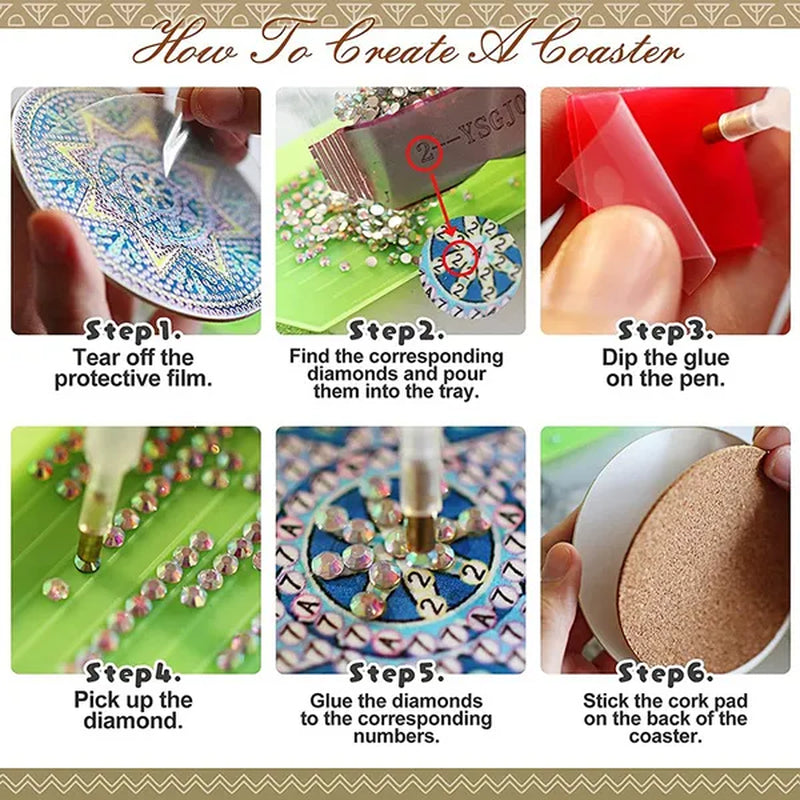 6Pcs/Set DIY Diamond Painting Coasters Kit Diamond Art Coasters Gemstone Cupmat for Beginners Adults & Kids Art Craft Supplies