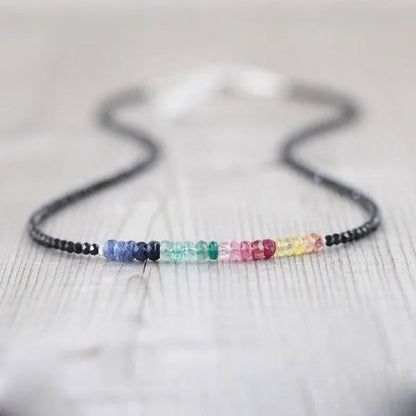 Sapphire, Ruby, Emerald & Black Spinel Necklace. Sterling Silver, Rose, Gold Filled. Dainty Delicate Multi Color Gemstone Choker for Women
