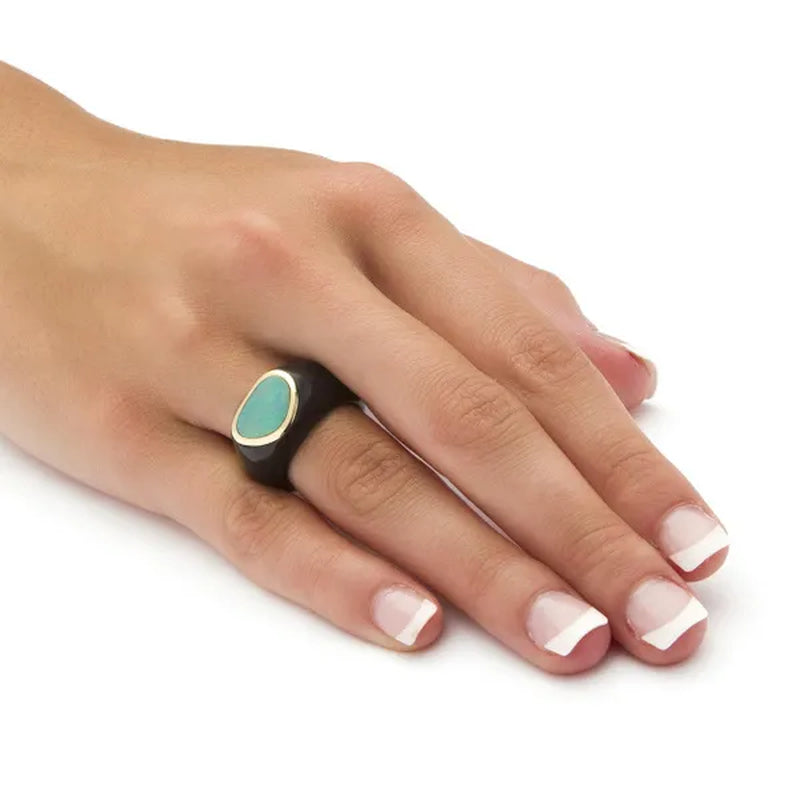 Genuine Blue Opal and Black Jade 10k Yellow Gold Bezel-Set Cabochon Ring