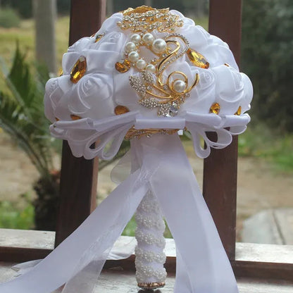Private Custom 18CM Wedding Bouquet Luxury Gold Crystal Brooch Bride Bouquet Pure Handmade Silk Rose Ribbon Wedding Bride Holding Flowers Multi-Color Optional