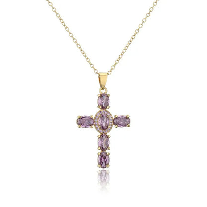 Fashion Jewelry Luxurious Temperament Gold-Plated Sapphire Emerald Ruby Topaz Amethyst Cross Pendant Necklace
