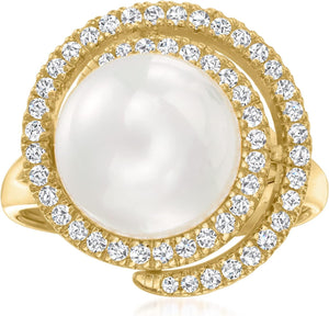 11Mm Shell Pearl and .40 Ct. T.W. CZ Swirl Ring in 18Kt Gold over Sterling