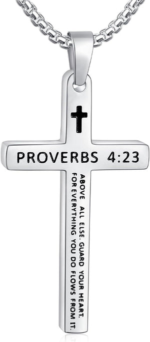 Bible Verse Cross Necklace for Men, Stainless Steel Mens Necklace, Black/Gold/Silver Tone Cross Pendant for Men