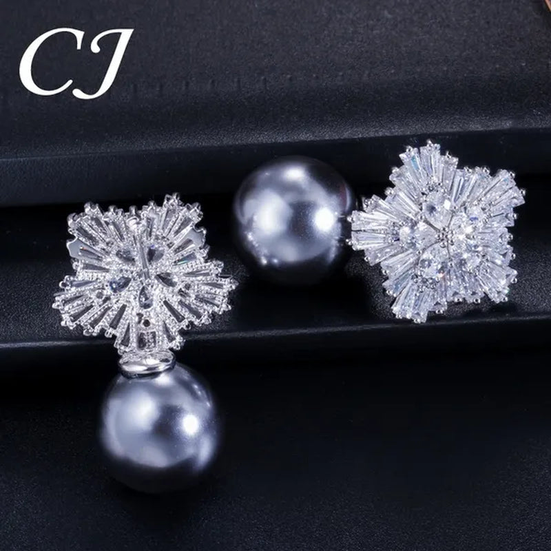 CANDICE Unique Rose Gold Plated Clear Cubic Zircon Snowflake Stud Earring with White Big Shell Pearl Brincos for Woman Christmas Gift