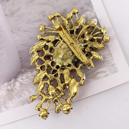 Leaf Scarf Statement Big Brooch Pin Rhinestone Crystal Antiqued Gold Tone