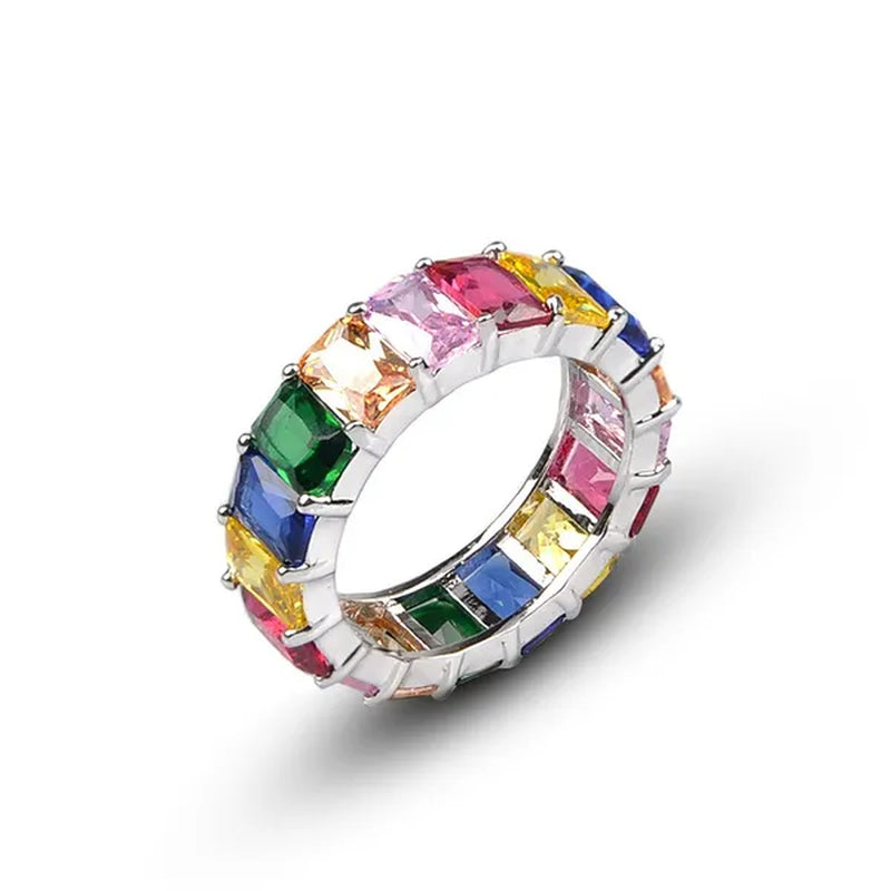 Silver Ring Colored Square Rainbow Ring Statement Crown Ring Natural Gemstones Ring Wedding Bride Engagement Band Charm Party Ring Jewelry