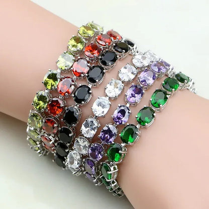 925 Sterling Silver Jewelry Oval Purple Amethyst White Topaz Chain & Link Bracelets For Women Wedding Free Gifts Box