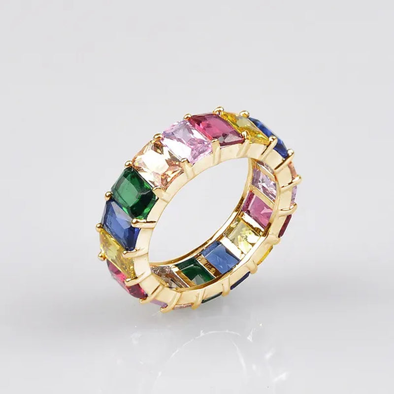 Silver Ring Colored Square Rainbow Ring Statement Crown Ring Natural Gemstones Ring Wedding Bride Engagement Band Charm Party Ring Jewelry