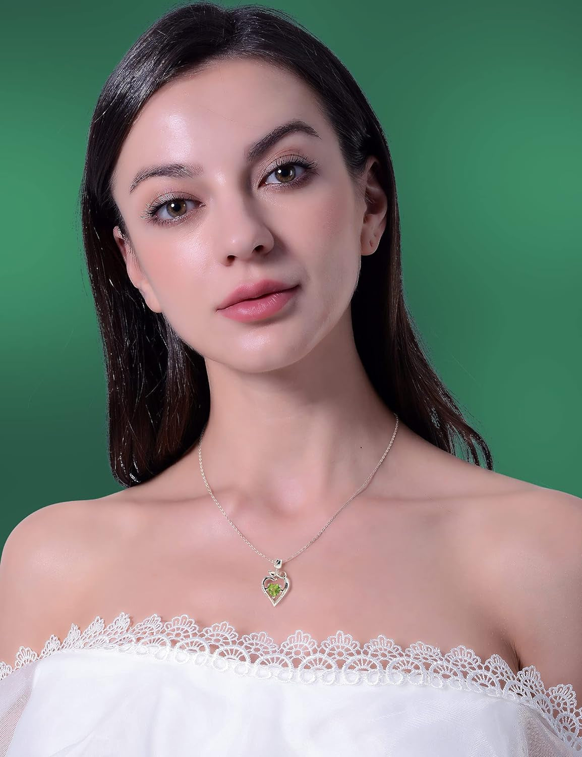 Fine Jewelry Birthstone Natural Peridot Necklace Sterling Silver Rose Flower Heart Gemstone Pendant Anniversary Birthday Gifts for Women Her Girls Wife Mom
