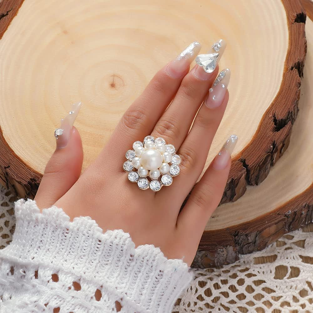 Vintage CZ Flower Pearl Statement Ring for Women Girls Gold Plated Adjustable Expandable Cubic Zirconia Imitation Pearls Open Wrap Promise Engagement Rings Comfort Fit Wedding Mother'S Day Jewelry