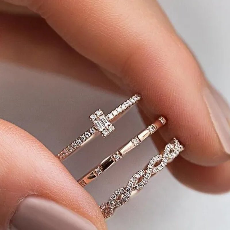 3PCS/Set Charm Cubic Zirconia Thin Stackable Twisted Ring Set Women Zircon Engagement Wedding Rings Band Rose Gold Plated Rings Jewelry Size US 5 - 10 - WORLD TIME VISITS