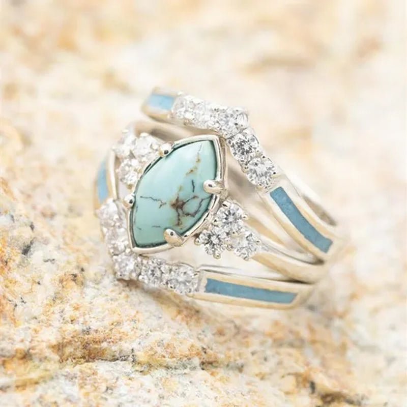 3Pcs/Set Exquisite and Elegant Inlaid Zircon and Turquoise Women'S Ring, Fashionable Bride Engagement Wedding Ring Set Promise Ring, Valentine'S Day, Birthday Gift for Her, Jewelry Accessories - WORLD TIME VISITS