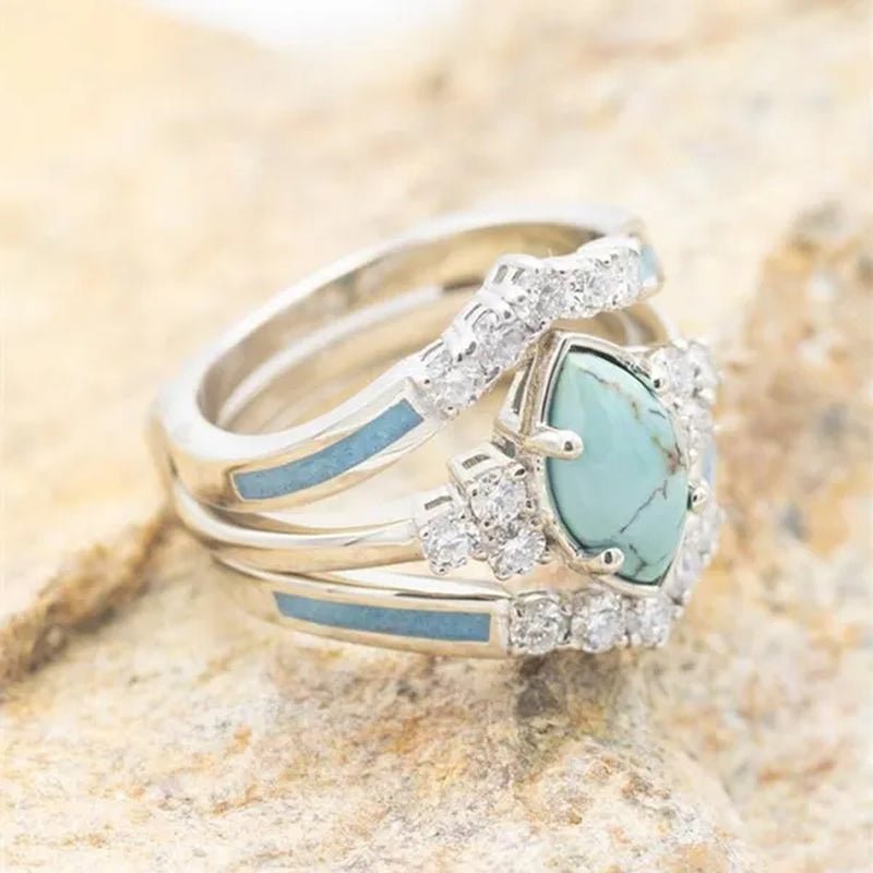 3Pcs/Set Exquisite and Elegant Inlaid Zircon and Turquoise Women'S Ring, Fashionable Bride Engagement Wedding Ring Set Promise Ring, Valentine'S Day, Birthday Gift for Her, Jewelry Accessories - WORLD TIME VISITS