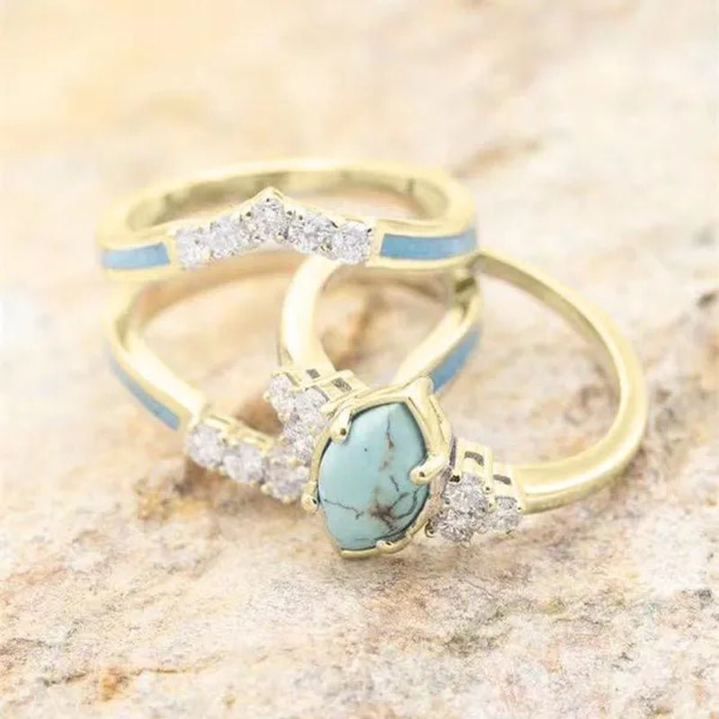 3Pcs/Set Exquisite and Elegant Inlaid Zircon and Turquoise Women'S Ring, Fashionable Bride Engagement Wedding Ring Set Promise Ring, Valentine'S Day, Birthday Gift for Her, Jewelry Accessories - WORLD TIME VISITS
