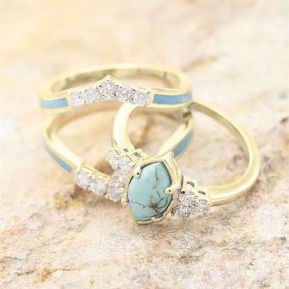 3Pcs/Set Exquisite and Elegant Inlaid Zircon and Turquoise Women'S Ring, Fashionable Bride Engagement Wedding Ring Set Promise Ring, Valentine'S Day, Birthday Gift for Her, Jewelry Accessories - WORLD TIME VISITS