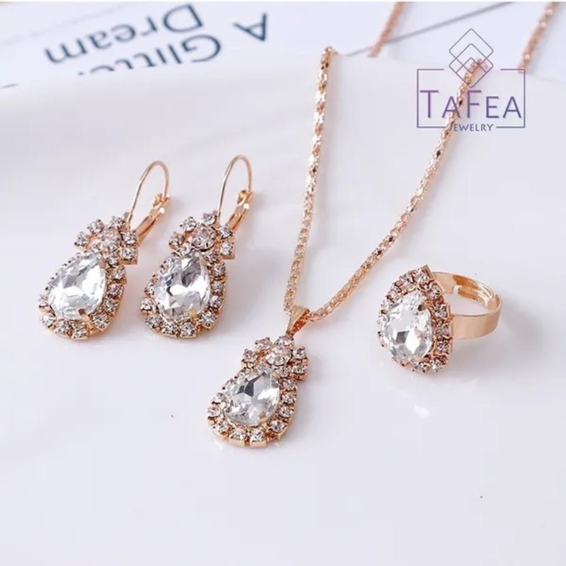 4 Pieces / Set Luxury Necklace Set Engagement Ring Earrings Pendant Beautiful Rose Gold Wedding Jewelry Set - WORLD TIME VISITS