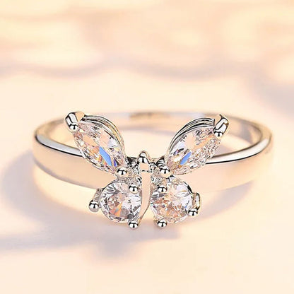 "If you are in full bloom, the butterfly will come" luxury silver crystal butterfly ring cubic zirconia exquisite bridal wedding party ring fashion jewelry (size: 5-11)