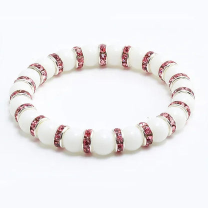Natural Stone Pink Crystal Quartz &White Porcelain Rhinestones Bracelets & Bangles Charm Powder Beads Strand Bracelet Love Gifts for Women Men Casual Jewelry