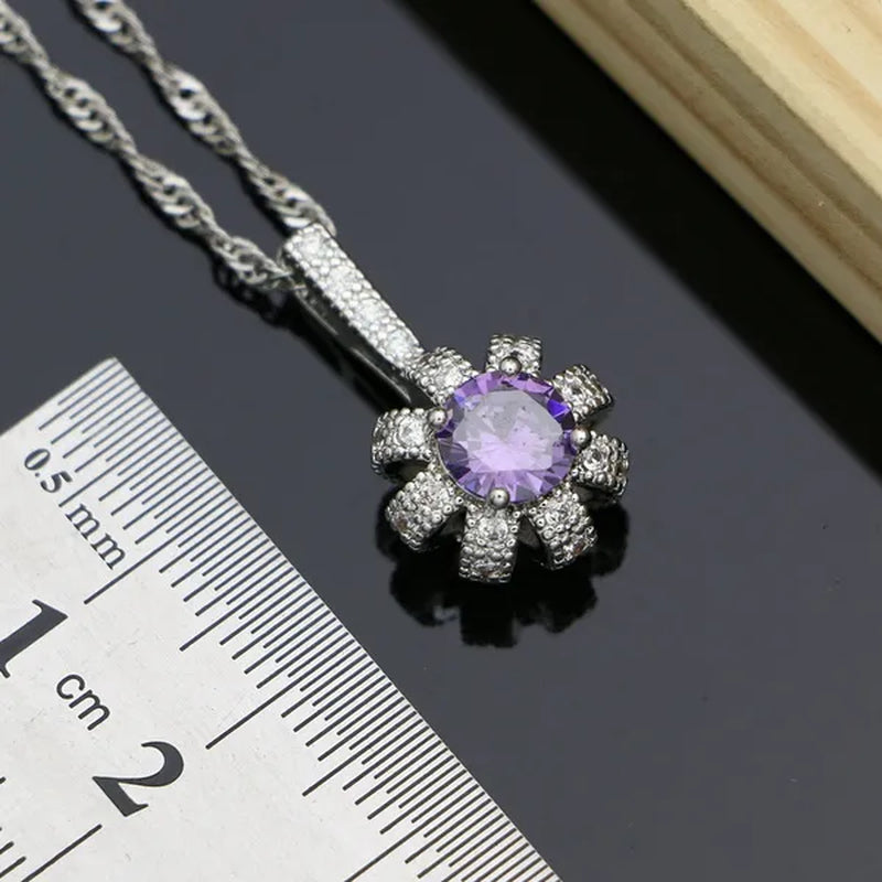 Natural Purple Amethyst 925 Silver Jewelry Set Sky White Topaz Gemstone Clip Earrings Pendant Ring Bracelet for Women