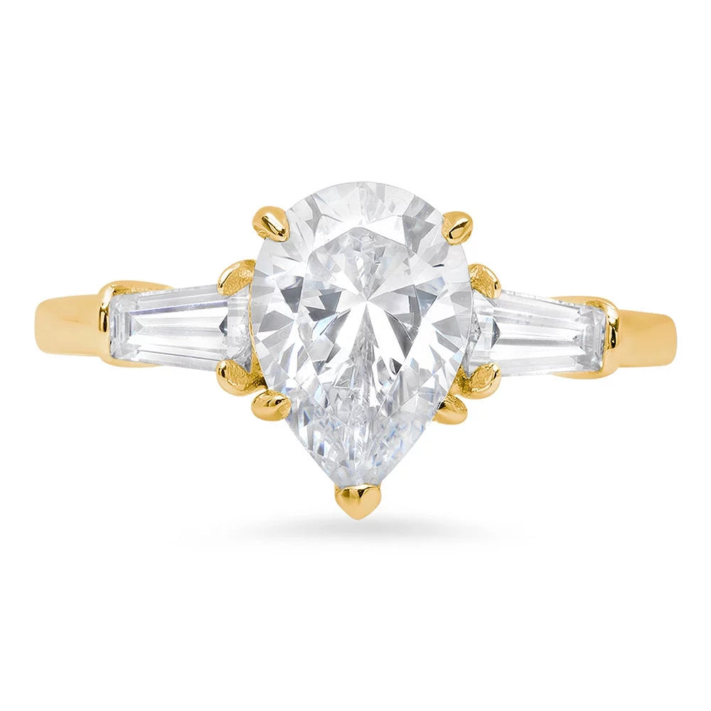 2.3 Ct Pear Cut Clear Simulated Diamond 14K Yellow Gold Anniversary Engagement 3 Stone Ring Size 5