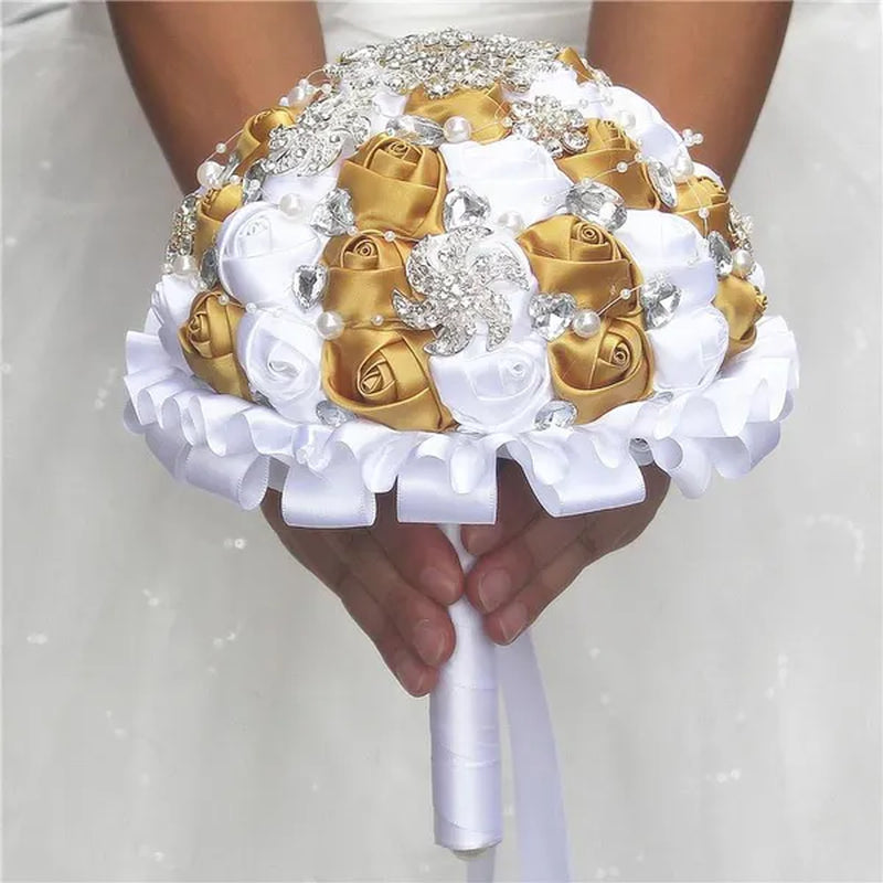 Bride Wedding Bouquet Ivory Gold Rose Flower Crystal Brooch Bouquet Flowers Diameter 18CM