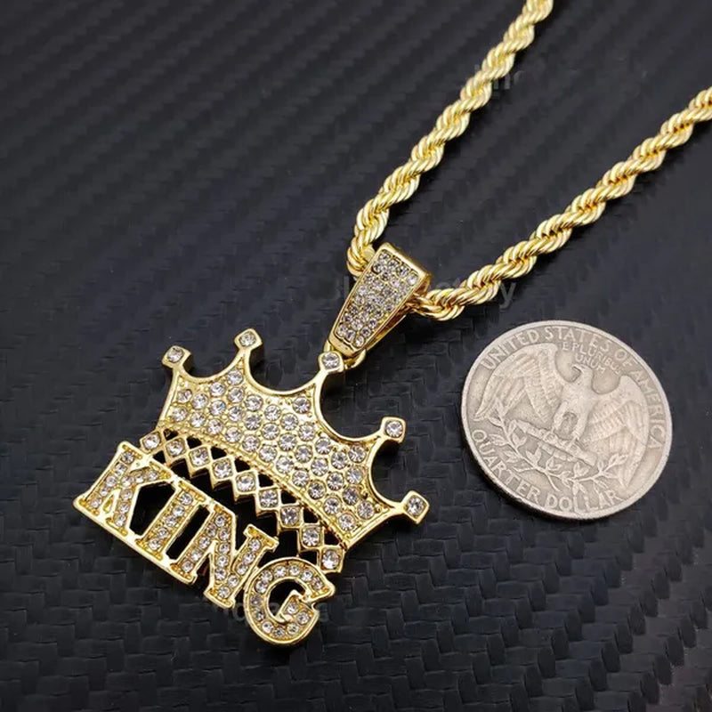 Hip Hop Iced Lab Diamond CROWNED KING Pendant & 4Mm 24" Rope Chain Necklace