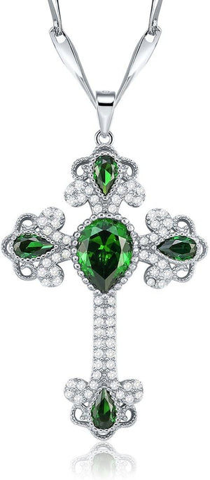 925 Sterling Silver Created Emerald Cross Pendant Necklace for Women Religious Jewelry Rhinestone Holy Irish Charm CZ Halo Christian Faith Keepsake