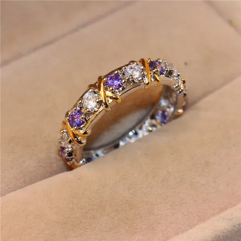 Brand Jewlery Women's Fashion 925 Silver Purple Simulated Diamond Cubic Zirconia Tanzanite Yellow Gold Cross Eternal Band Wedding Ring
